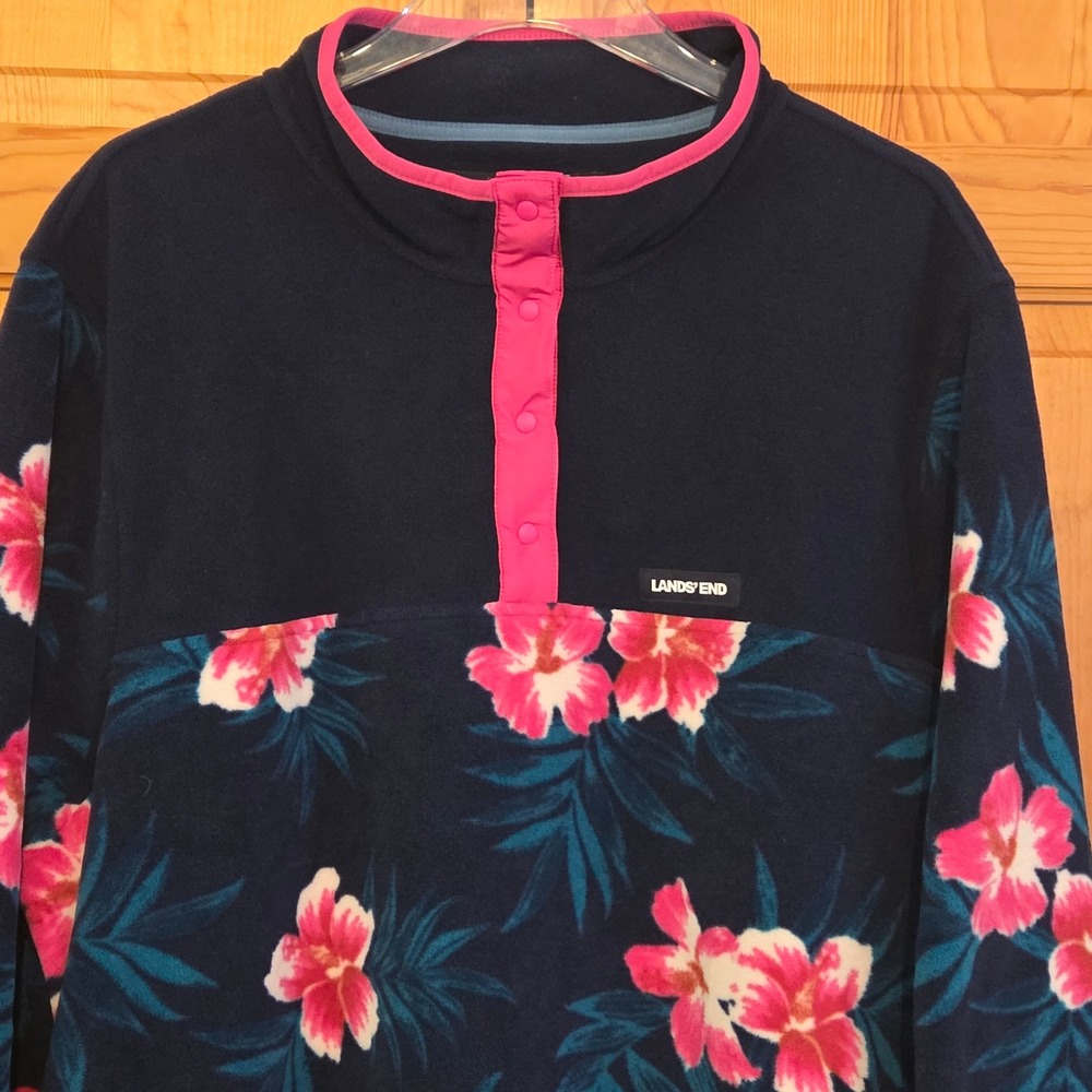 Lands End Womens 3X Navy Floral Snap Neck Fleece Pullover‎ Top